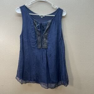 Keysha Silk Tank Top Sz S Blue Sheer Lined Boho Italy Peasant Fairy Crochet